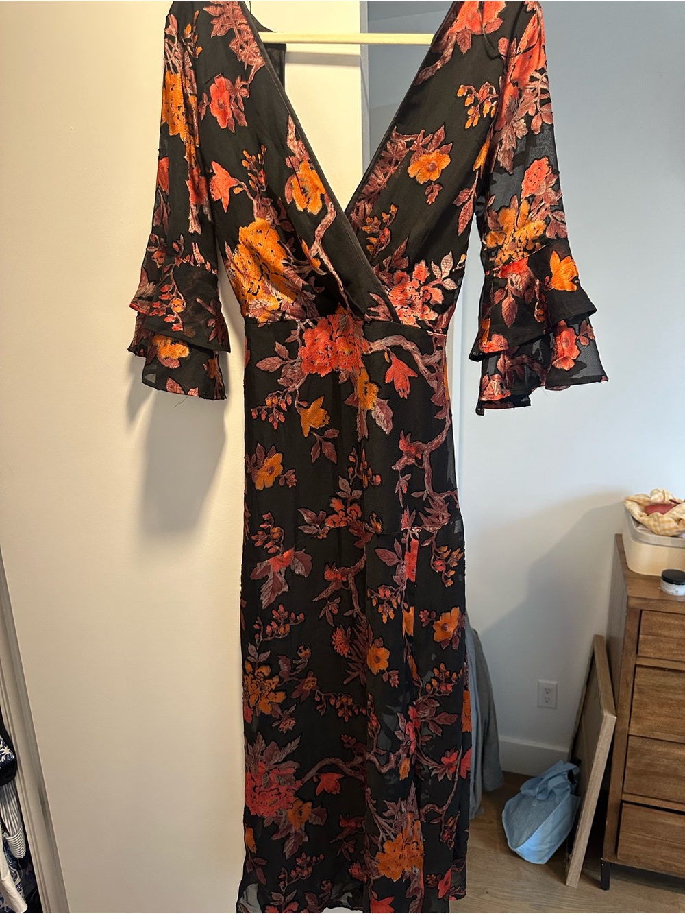 Miss Selfridge Black Maxi Wrap Dress with Orange & Pink Floral Print